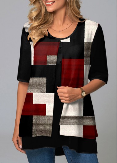 Modlily Geometric Print Round Neck Half Sleeve T Shirt - M