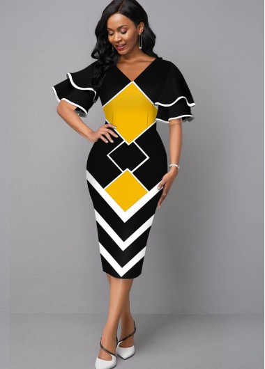 Modlily V Neck Geometric Print Layered Bell Sleeve Dress - S