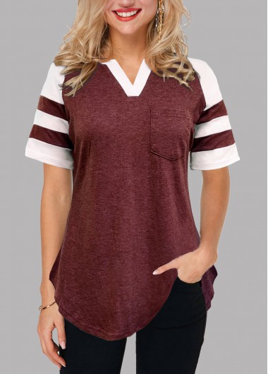 Modlily Split Neck Contrast Short Sleeve T Shirt - S