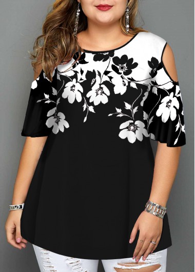 Modlily Plus Size Floral Print Cold Shoulder T Shirt - 1X