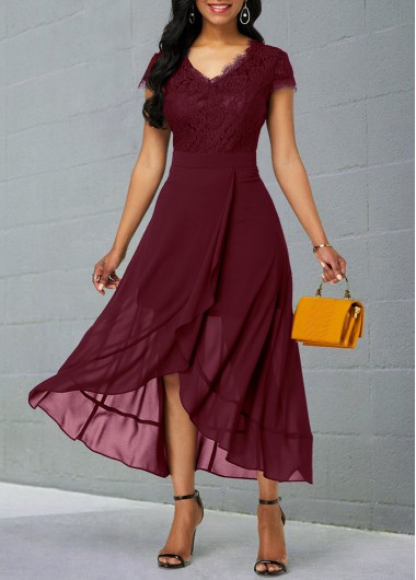 Modlily Lace Patchwork Short Sleeve Chiffon Dress - L