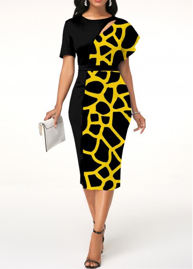 Modlily Short Sleeve Geometric Print Bodycon Dress - S