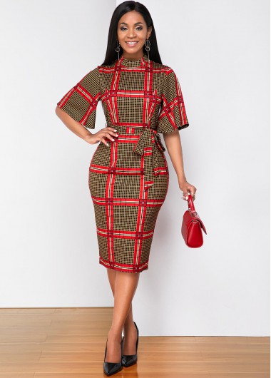 Modlily Plaid Belted Mock Neck Bodycon Dress - XL