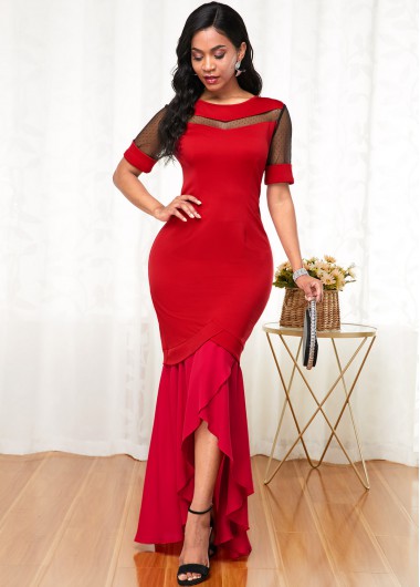 Modlily Christmas Holiday Dress Short Sleeve Round Neck Mesh Stitching Dress - M