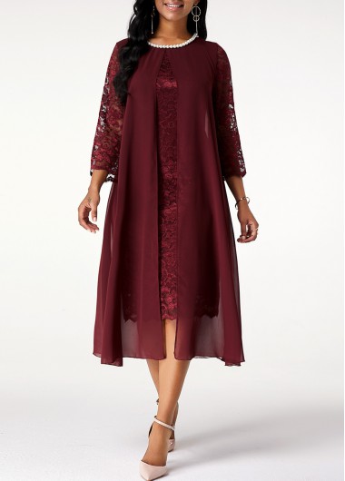Modlily Chiffon Lace Stitching Pearl 3/4 Sleeve Dress - M