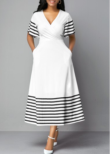 Modlily Double Side Pockets Short Sleeve Striped Dress - M
