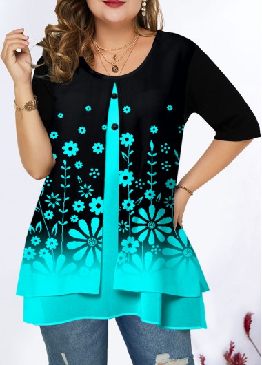 Modlily Plus Size Ombre Floral Print T Shirt - 2X