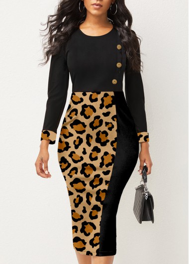 Modlily Decorative Button Leopard Round Neck Dress - M