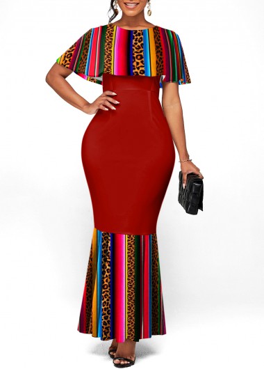 Modlily Leopard Ruffle Overlay Round Neck Mermaid Dress - L