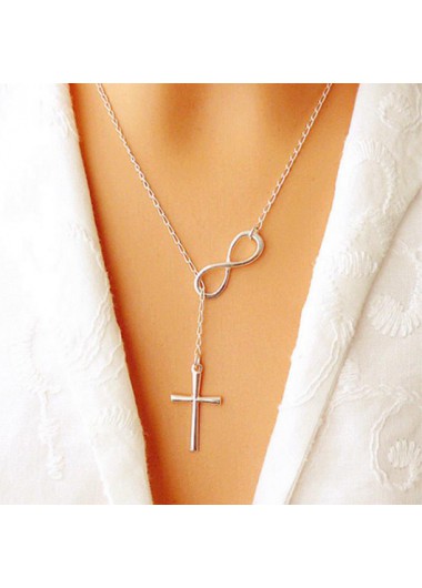 Silver Metal Detail Cross Pendant Necklace     