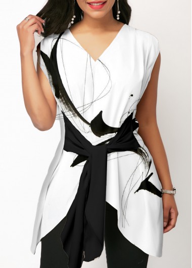 Modlily V Neck Graffiti Asymmetric Hem Blouse - XL