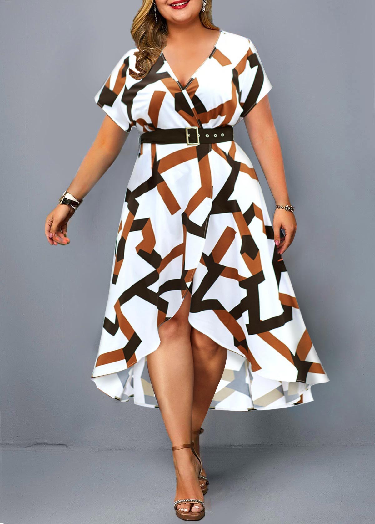 Plus Size Geometric Print Asymmetric Hem Dress