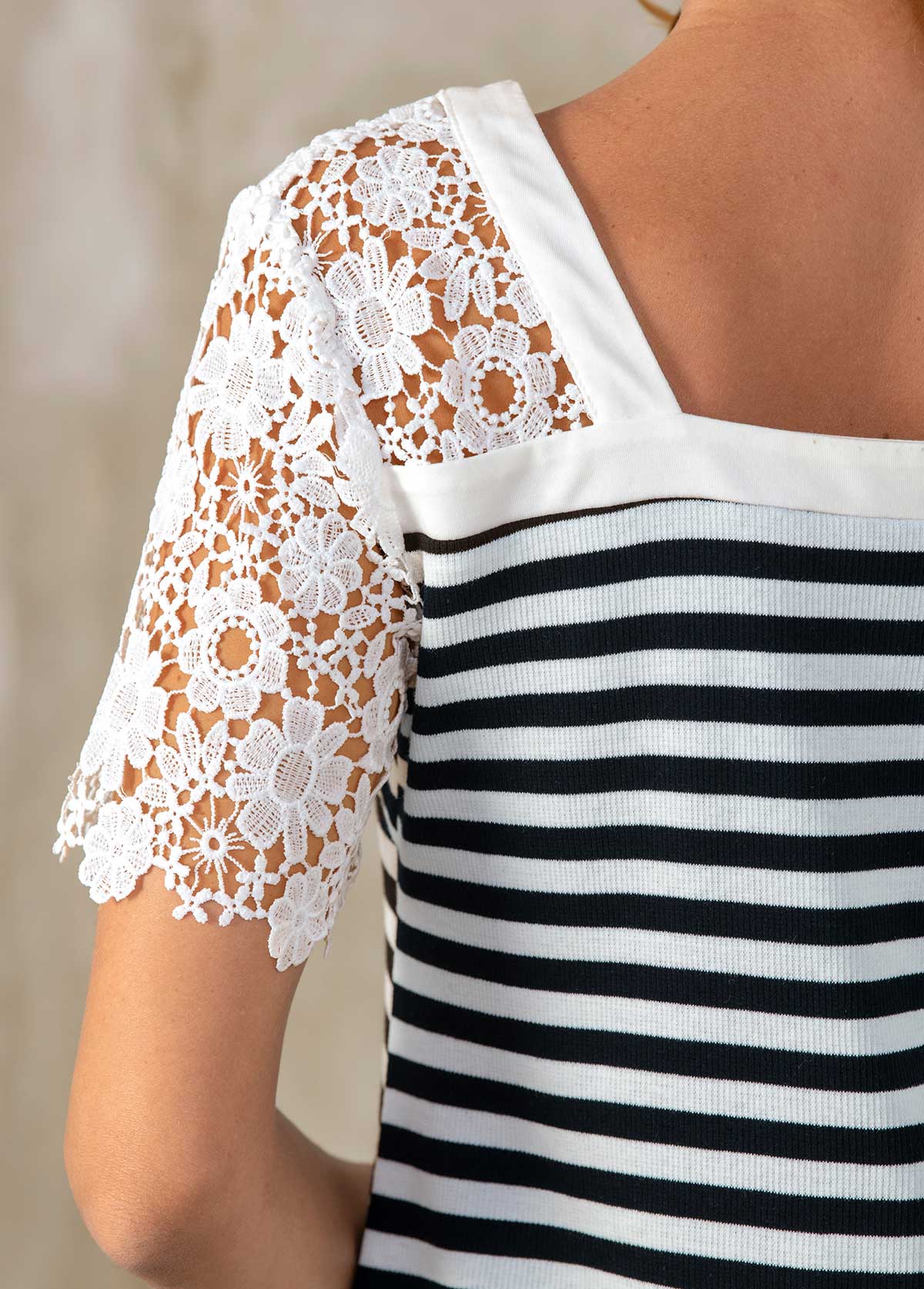 Lace Patchwork Short Sleeve V Neck Striped T Shirt | picture 