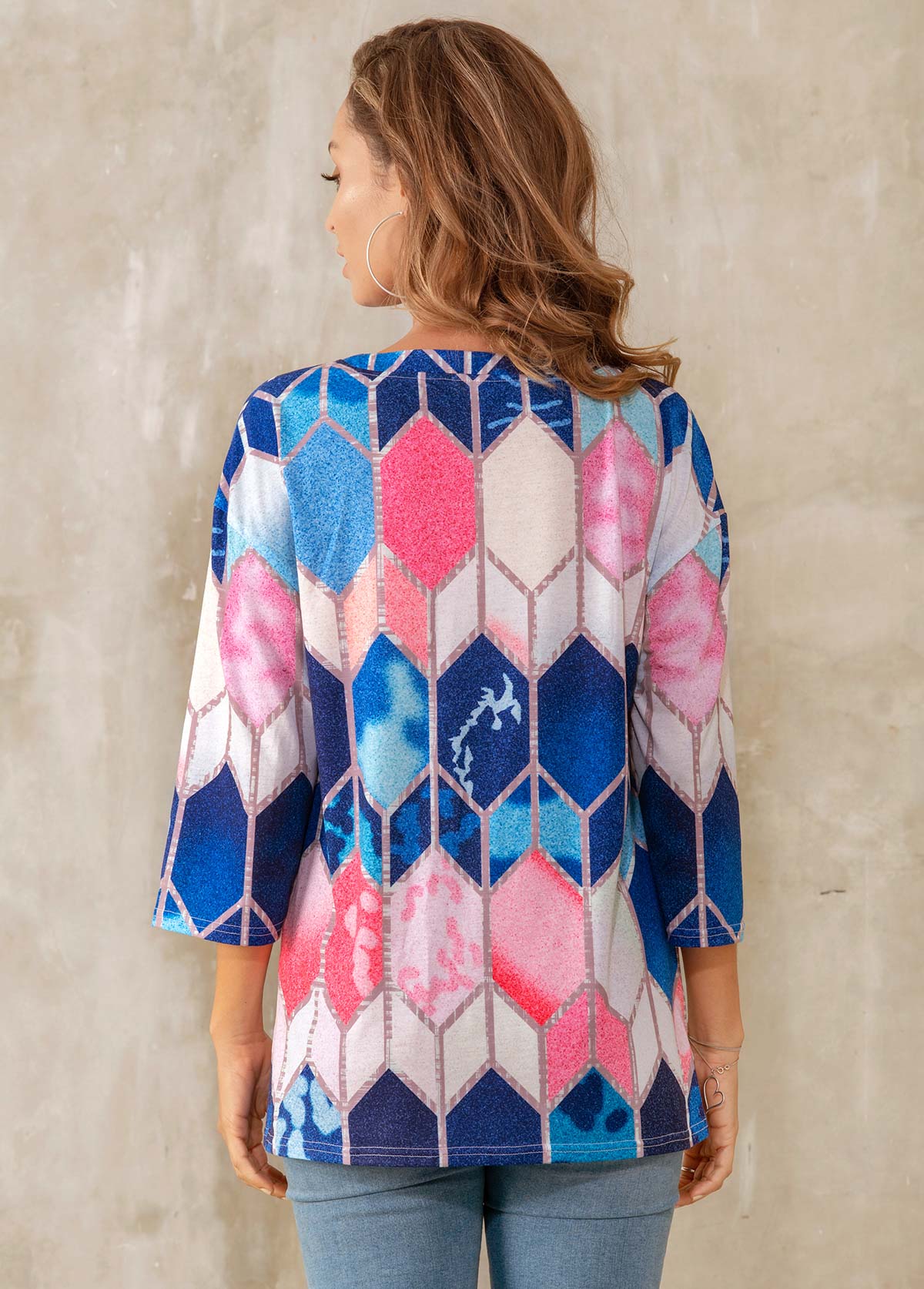 Lace Up Geometric Print 3/4 Sleeve T Shirt