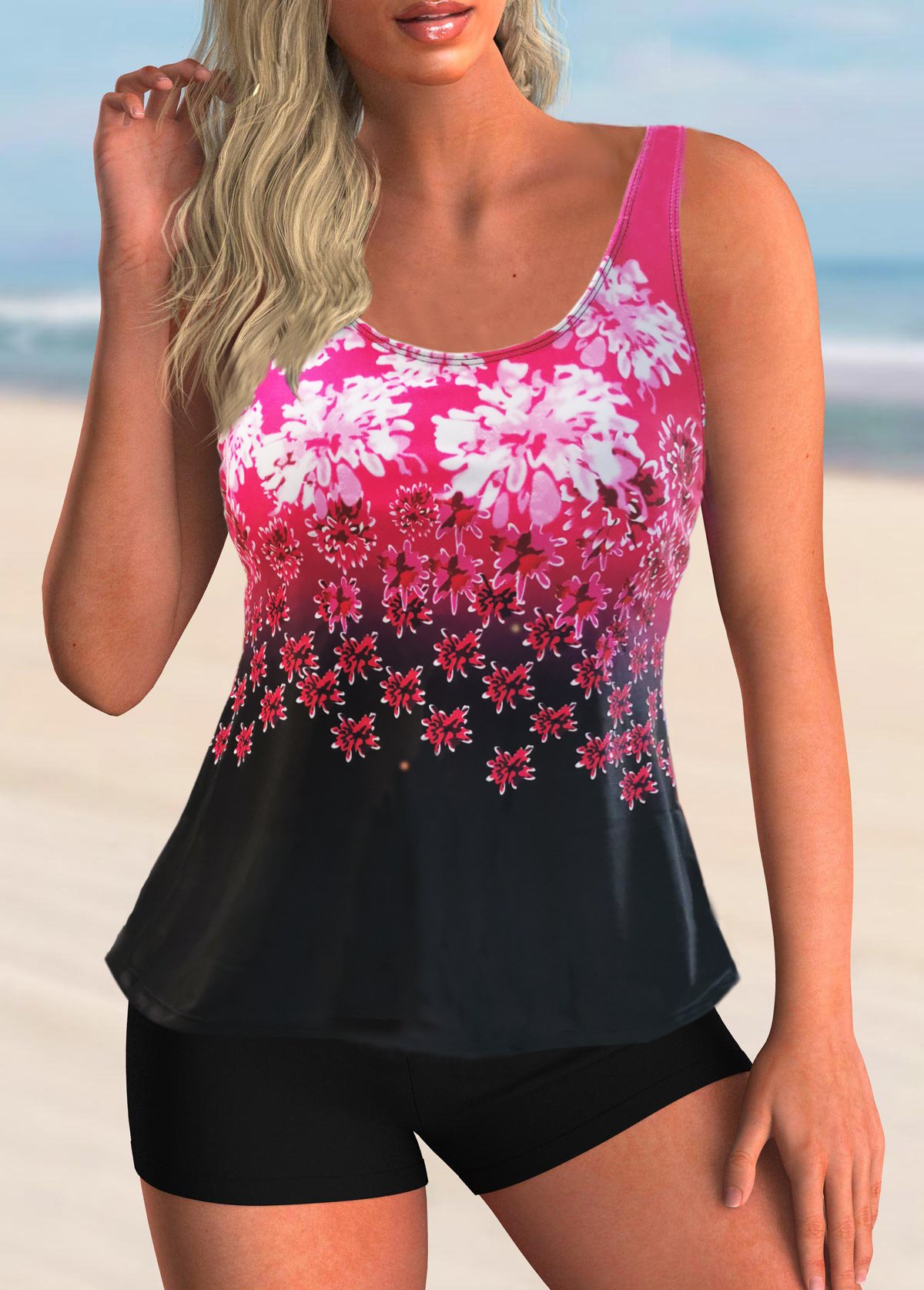 Wide Strap Floral Print Mid Waist Tankini Set USD 33.98