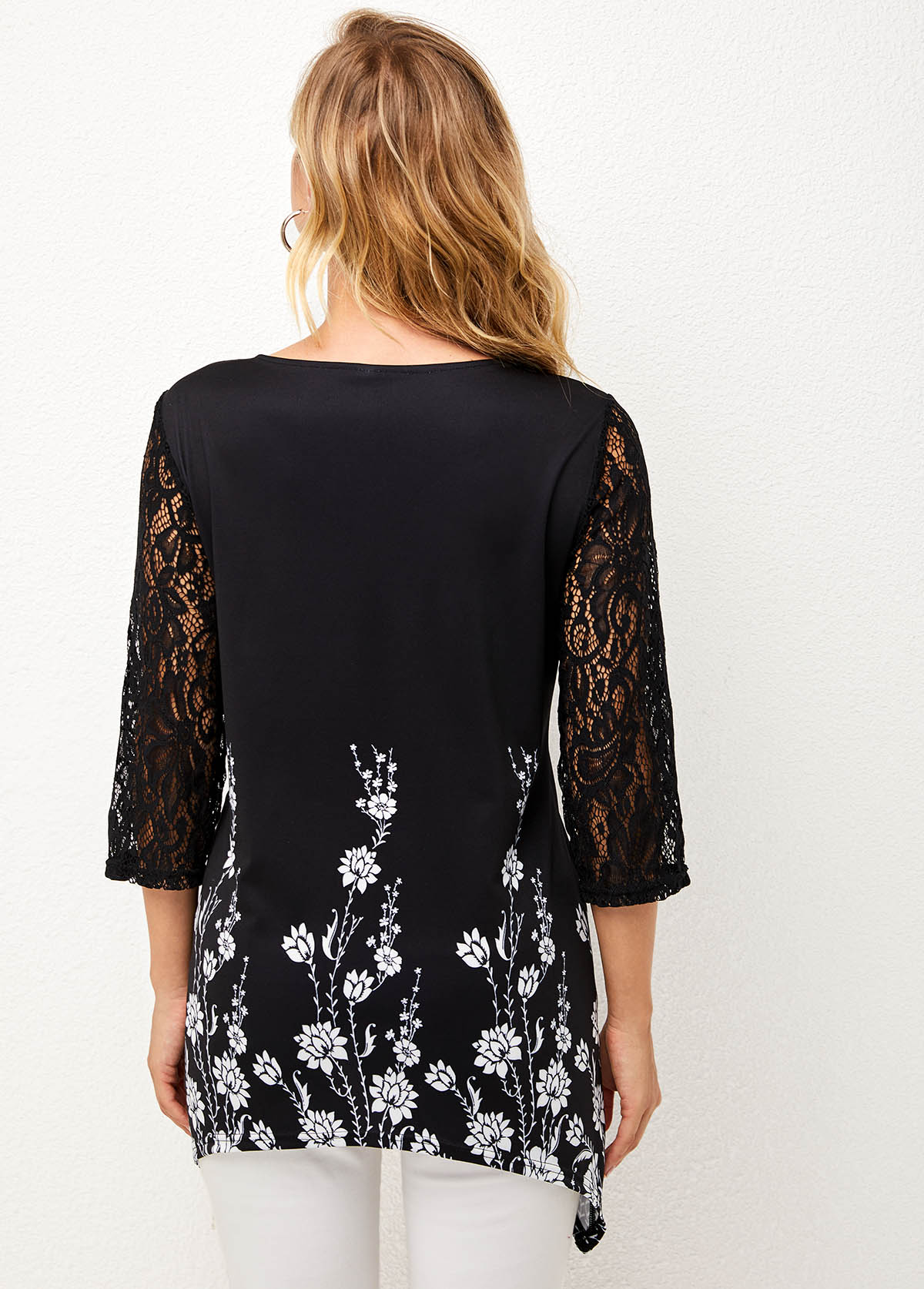 Lace Stitching Asymmetric Hem Black T Shirt