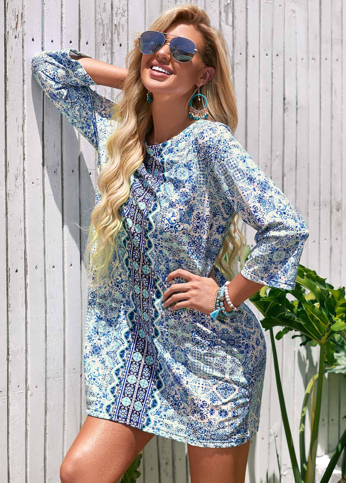 Printed Round Neck 3/4 Sleeve Cover Up