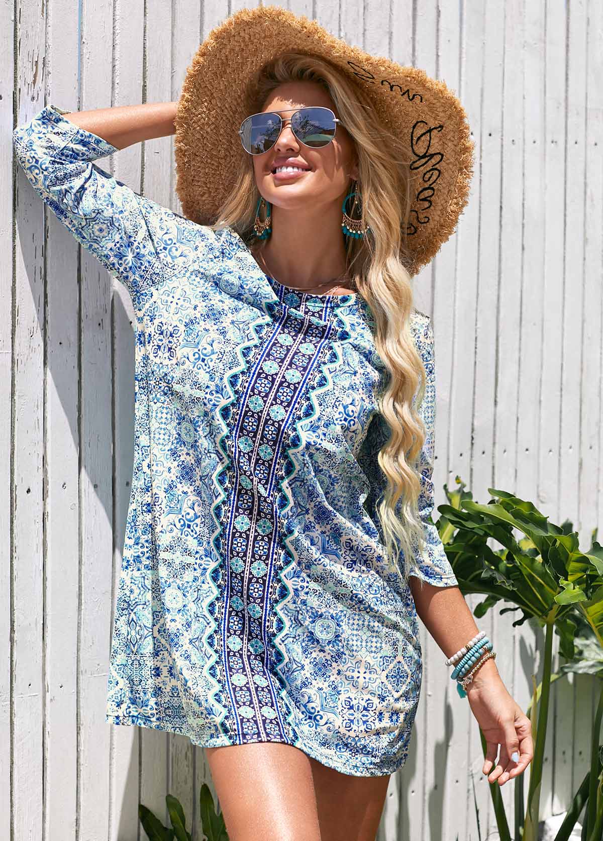 Printed Round Neck 3/4 Sleeve Cover Up