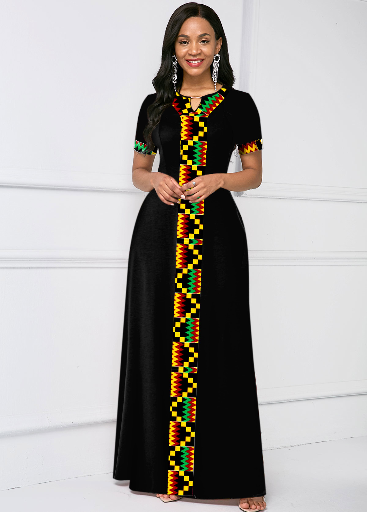 Tribal Print Short Sleeve Keyhole Neck Dress