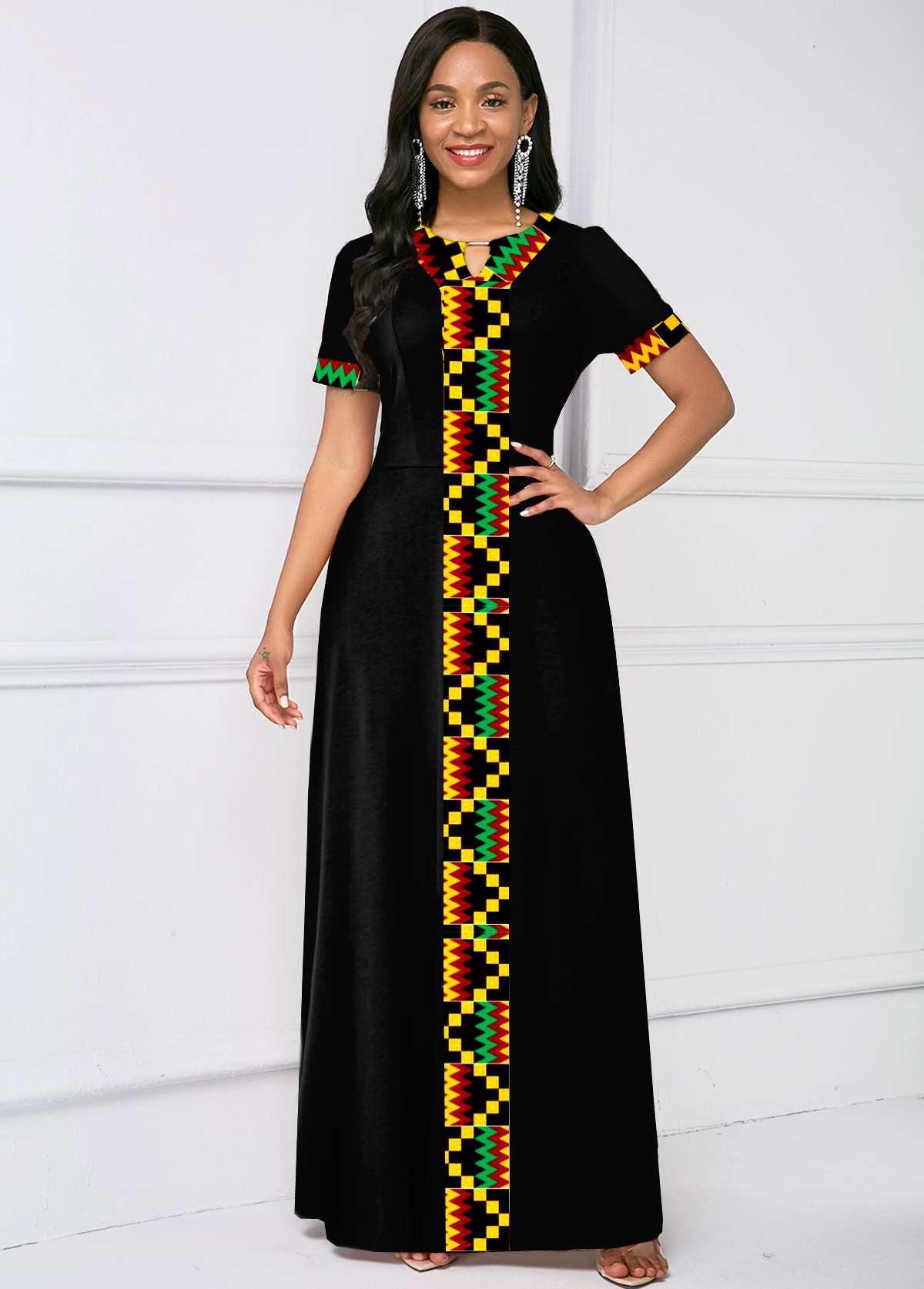 Tribal Print Short Sleeve Keyhole Neck Dress