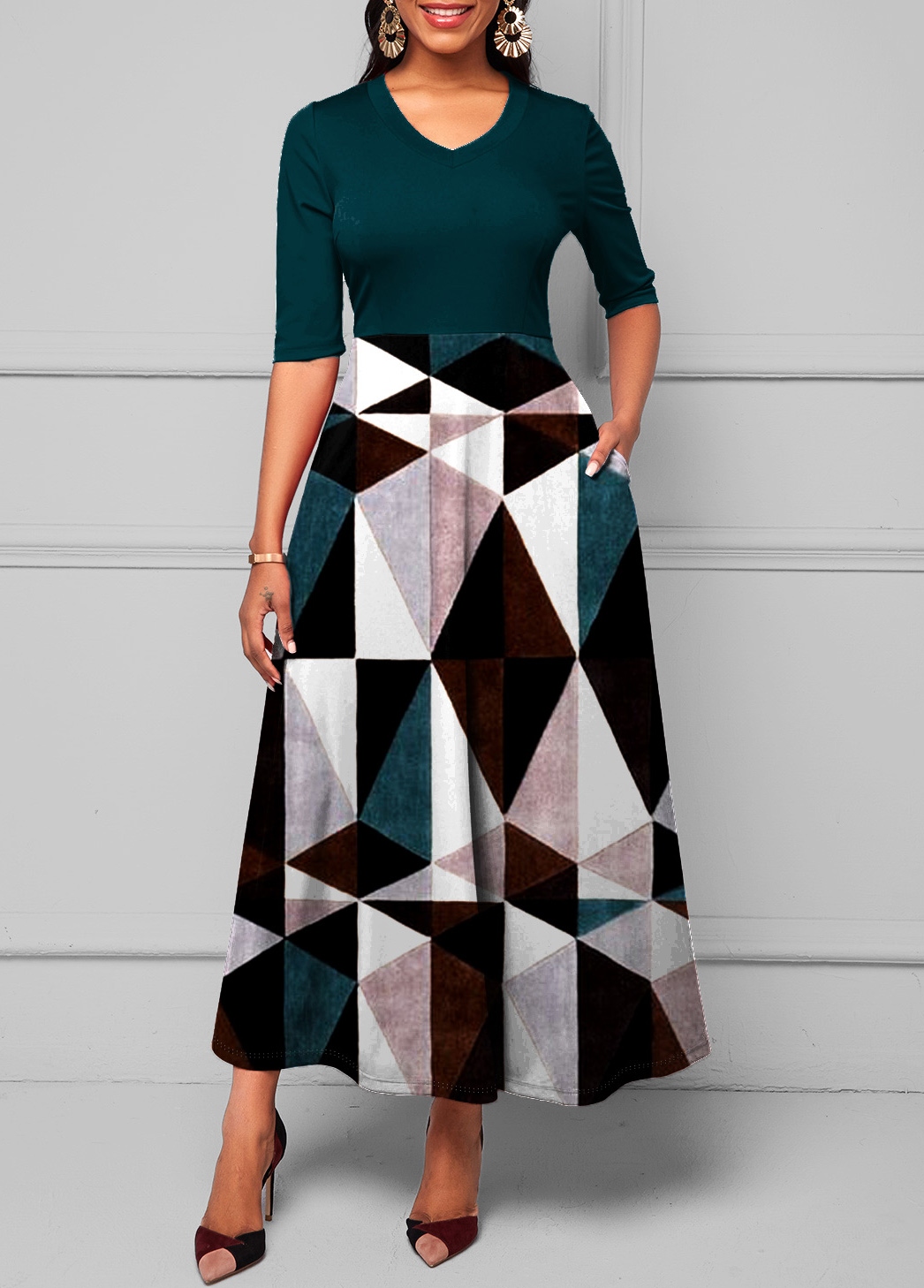 V Neck Geometric Print Pocket Dress