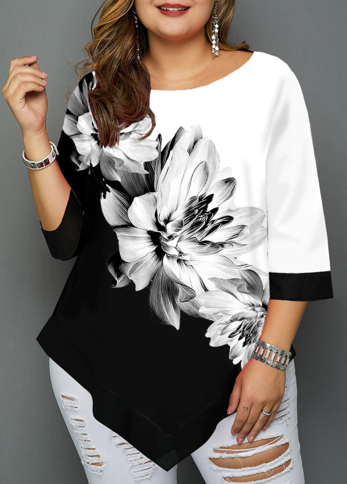 Asymmetric Hem Plus Size Floral Print T Shirt