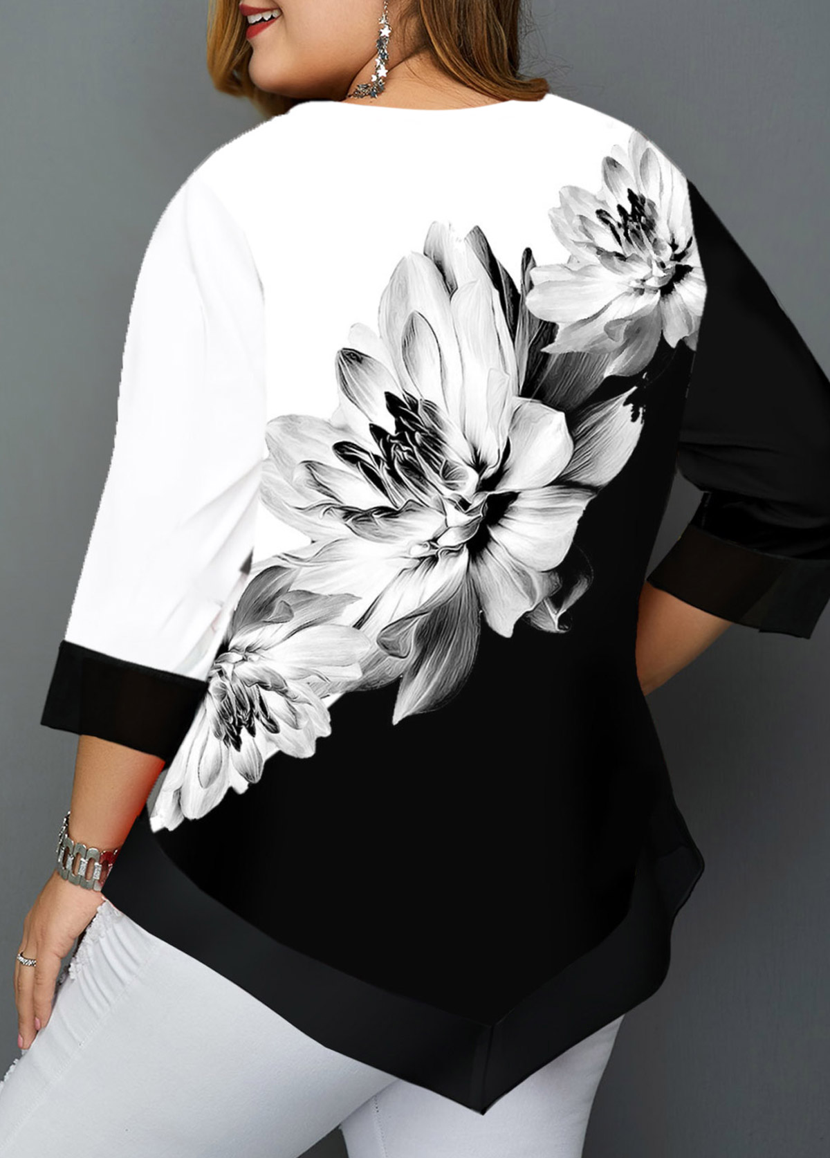 Asymmetric Hem Plus Size Floral Print T Shirt