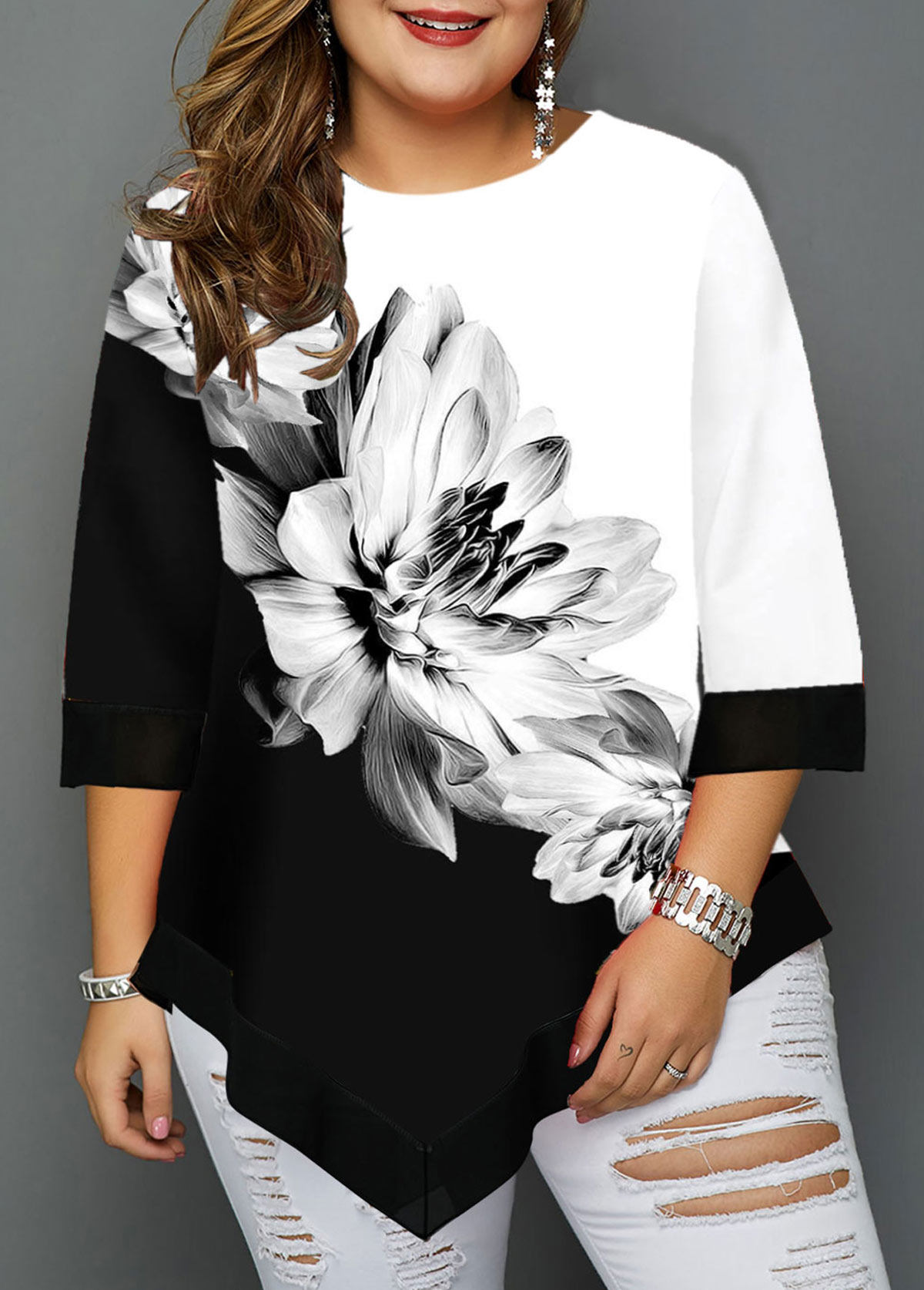 Asymmetric Hem Plus Size Floral Print T Shirt | picture 