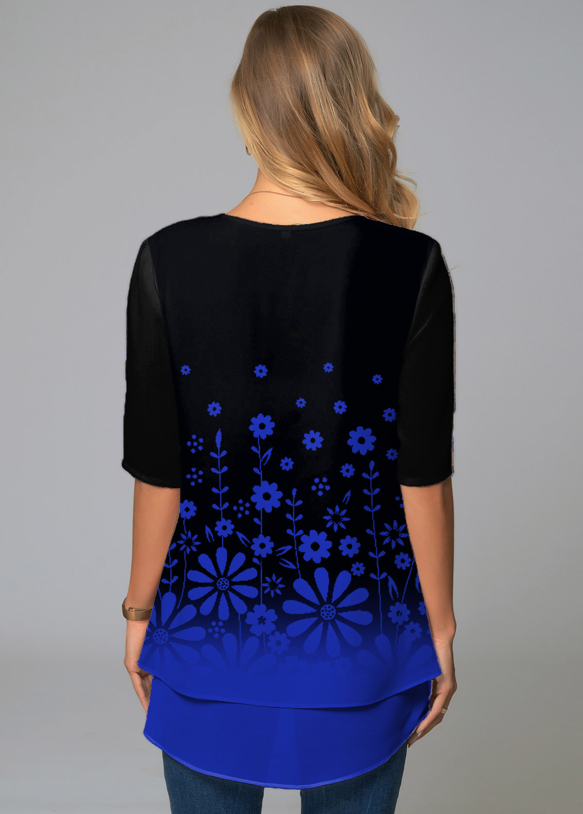 Blue Fake 2in1 Floral Print Half Sleeve T Shirt