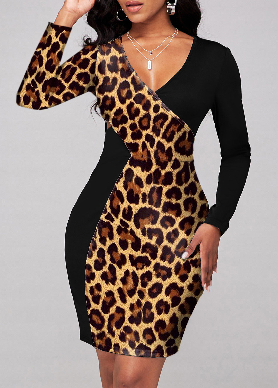 Leopard Long Sleeve Cross Front Dress
