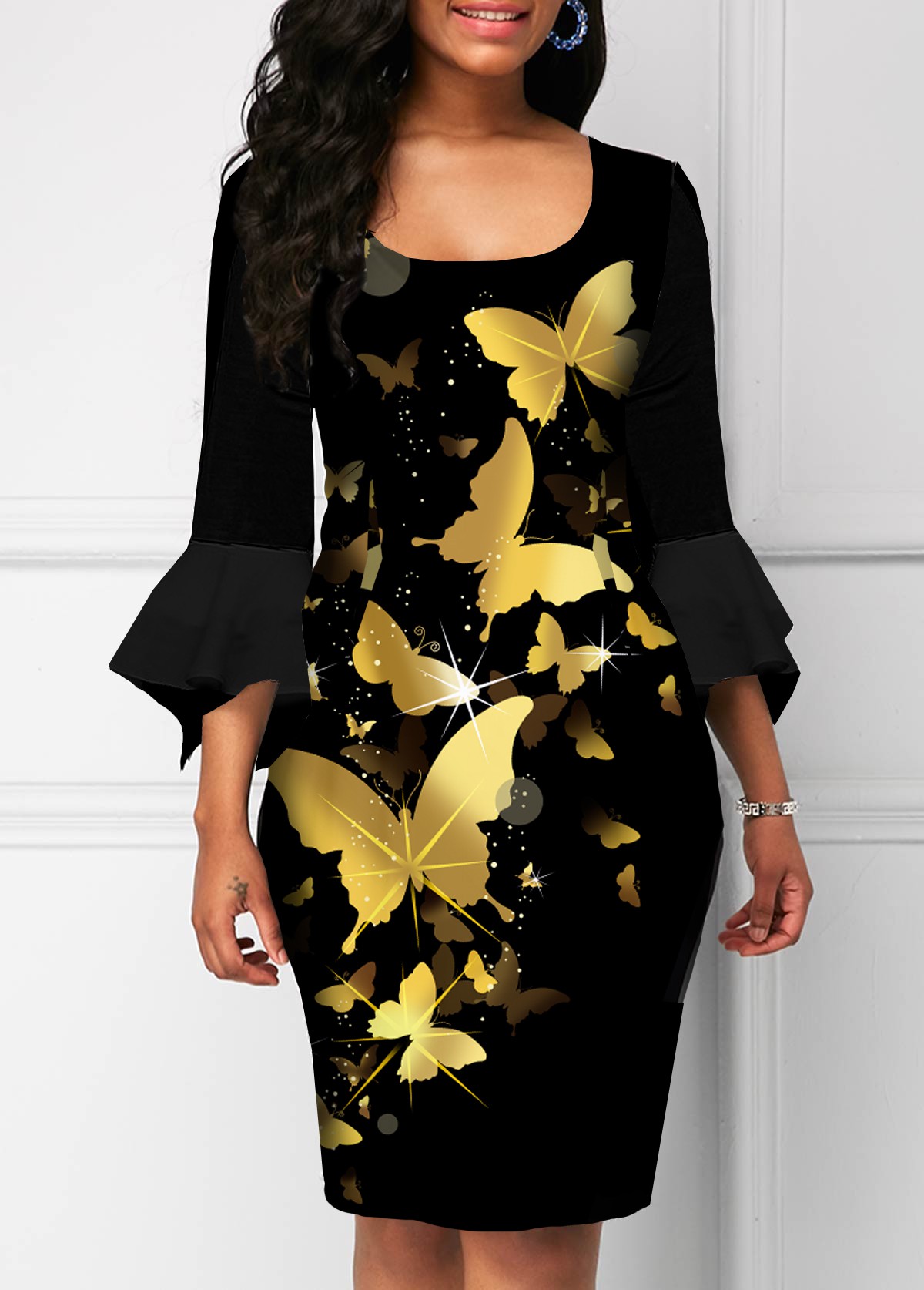 Hanky Sleeve Square Collar Butterfly Print Dress