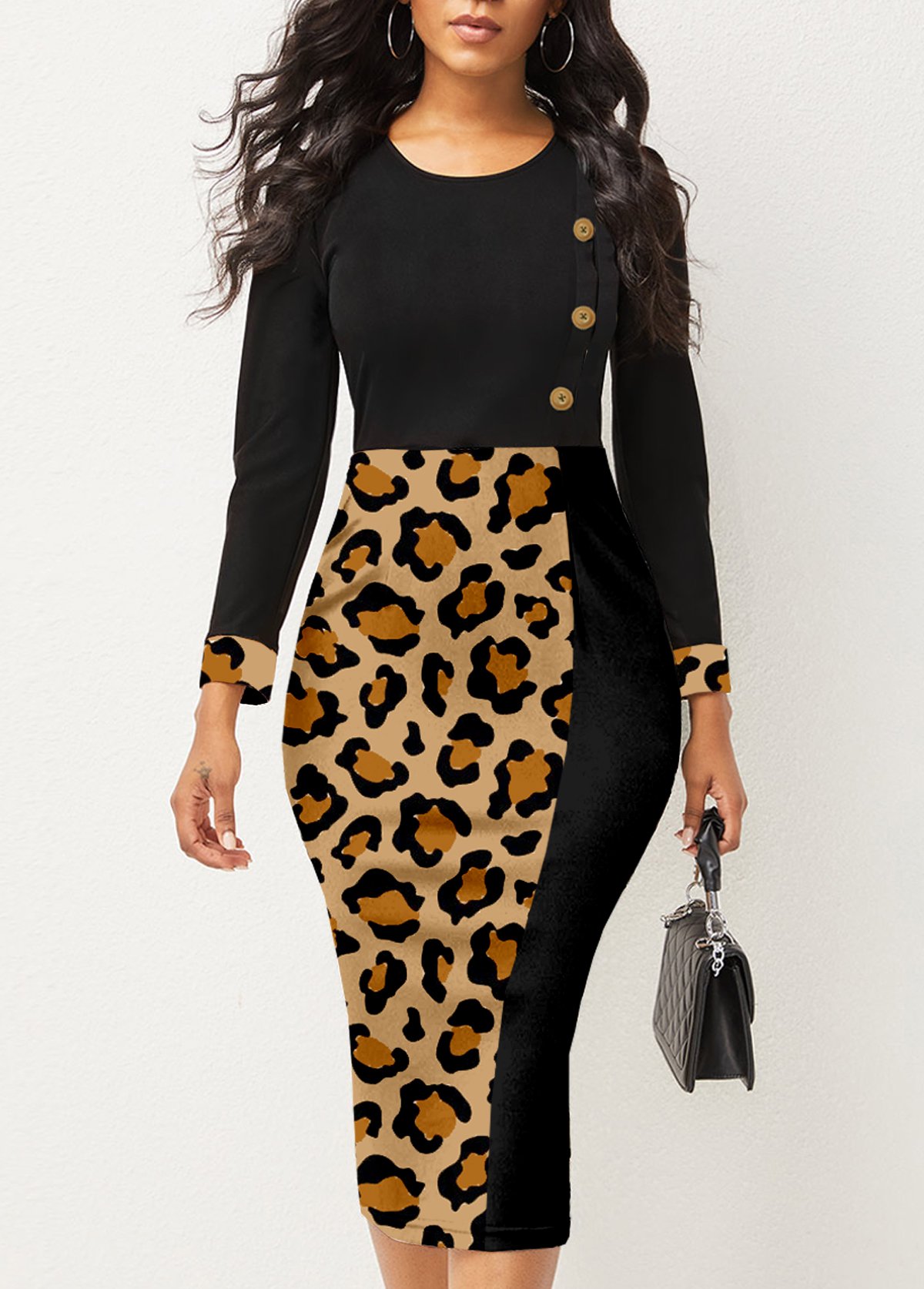 Decorative Button Leopard Round Neck Dress