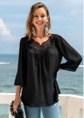 Lace Stitching 3/4 Sleeve Split Neck Blouse