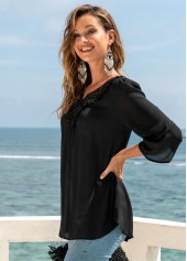 Lace Stitching 3/4 Sleeve Split Neck Blouse | thumb picture 