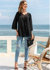 Lace Stitching 3/4 Sleeve Split Neck Blouse | thumb picture 