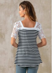 Lace Patchwork Short Sleeve V Neck Striped T Shirt | thumb picture 