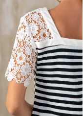Lace Patchwork Short Sleeve V Neck Striped T Shirt | thumb picture 