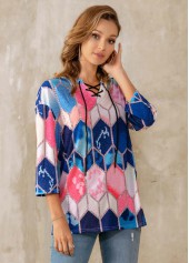 Lace Up Geometric Print 3/4 Sleeve T Shirt | thumb picture 