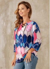 Lace Up Geometric Print 3/4 Sleeve T Shirt | thumb picture 