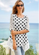 Lace Stitching Polka Dot 3/4 Sleeve T Shirt