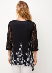 Lace Stitching Asymmetric Hem Black T Shirt | thumb picture 