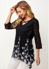 Lace Stitching Asymmetric Hem Black T Shirt | thumb picture 
