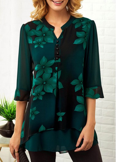 Modlily Forest Green Three Quarter Sleeve Tunic Top Floral Print Blouse - XXL