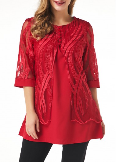Modlily Women&apos;s Red Half Sleeve Lace Panel Faux Two Piece Casual Shirt - M