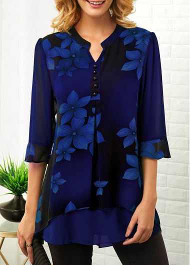 Modlily Women's Blue Flower Print 3/4 Sleeve Split Neck Button Detail Blouse - XXL