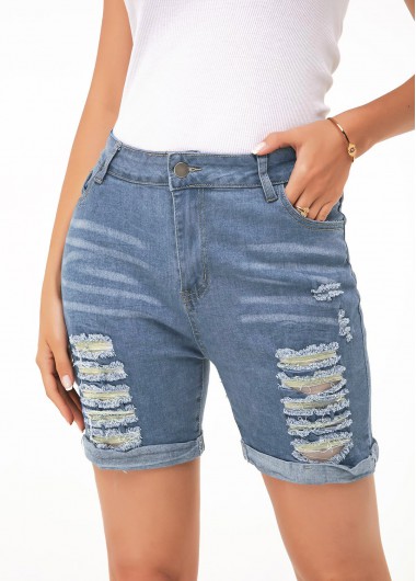 Modlily Shredded Denim Blue Button Up Shorts - L