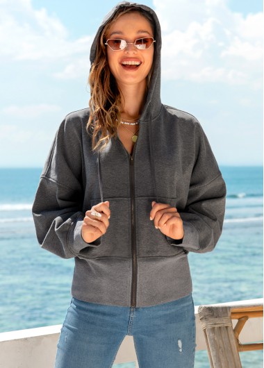 Modlily Drawstring Detail Zipper Closure Pocket Hoodie - XL