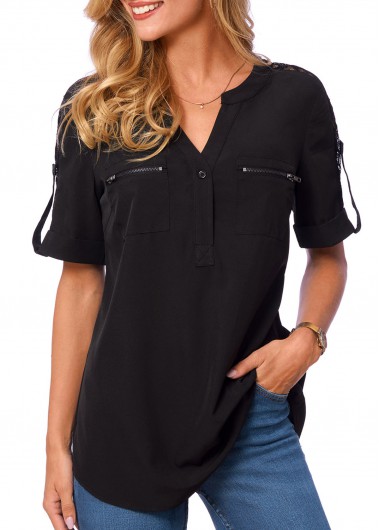 Modlily Lace Patchwork Solid Short Sleeve Split Neck Blouse - M