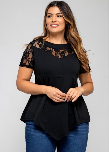 Modlily Plus Size Lace Stitching Asymmetric Hem T Shirt - L