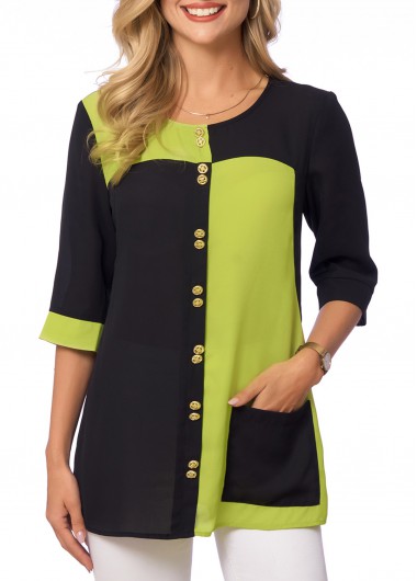 Modlily Color Block Decorative Button Pocket T Shirt - XXL